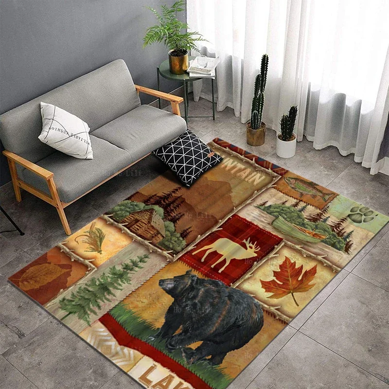 Black Bear Moose Rustic Plank Red Square Farmhouse Mountain Cabin Carpet By Ho Me Lili For Home Floor Decor Rug