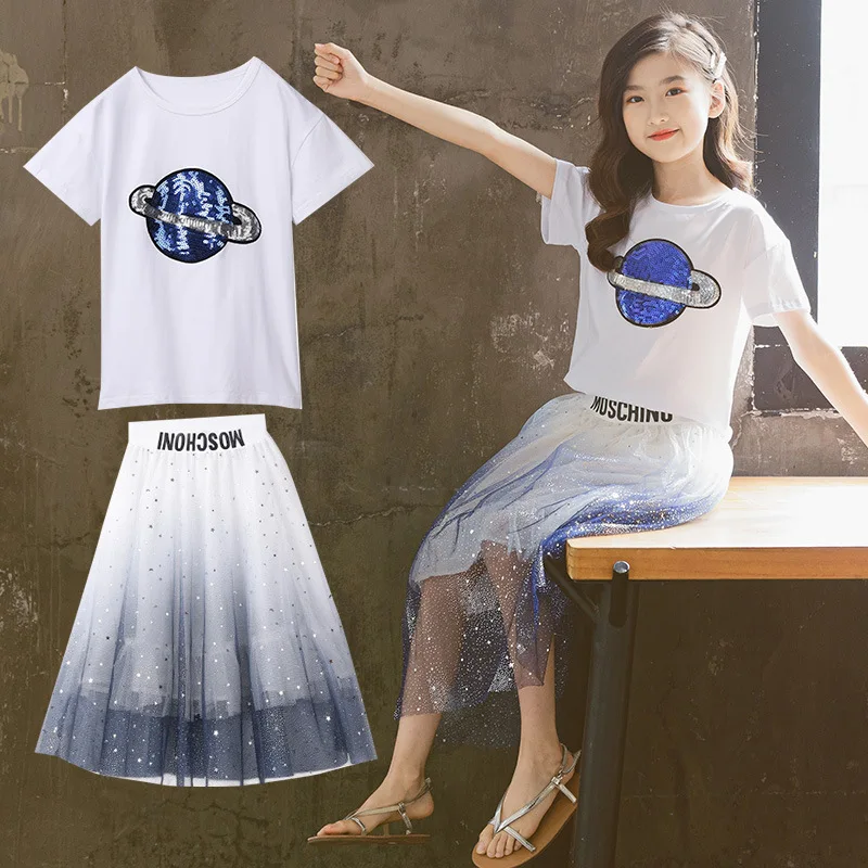 

Summer School Girl 2PCS Clothes Set Junior Girl Planet Sequins Cotton T-shirt Tops+Gauze Skirt Sets Girls From 4-12 Years Old