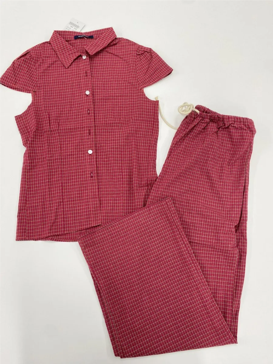 

Vintage Red Plaid T-shirt 2 Piece Sets Women Summer Buttons Blouse Tops+ Straight Pants Suit Sweet Preppy Style Trouser Set New