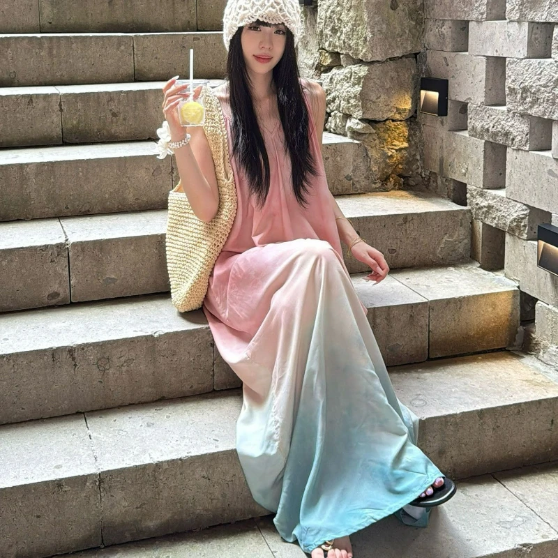 2026 Summer New Fashion Vacation Style High-end Beach Dress Cotton and Silk Gradient Color Halter Two-piece Long Dress for Women