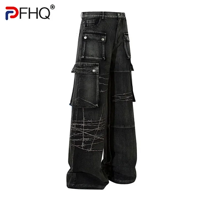 PFHQ Men's Workwear Jeans American High Street Embroidery Loose Wide Leg Pants Solid Color Darkwear Male Trousers 21Z7055