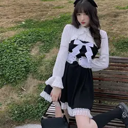 2024 New Japanese Style Lolita Sweet Suit Woman Casual Y2k Crop Tops Cute Kawaii Sling Mini Dress E-girls Fashion 2-częściowy zestaw