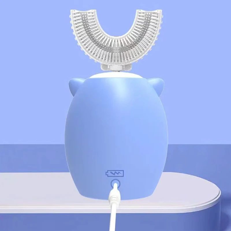 Escova de dentes elétrica inteligente recarregável para crianças, escova de dente sônico de silicone em forma de U, luz azul, 360 graus