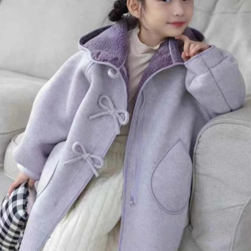 

2025 Winter Children's Solid Color Bow Button Hooded Thickened Lamb Fleece Medium Length Coat