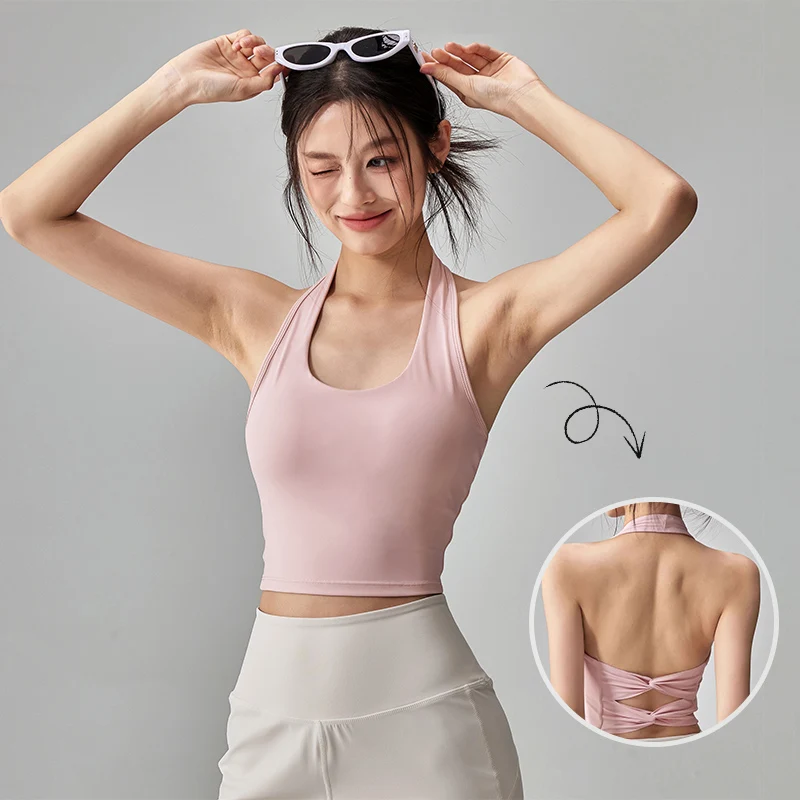 Women's Double Bowknot Halter Workout Tank - Plunging Open Back, Built-in Cups Bounce Control Yoga Gym Top