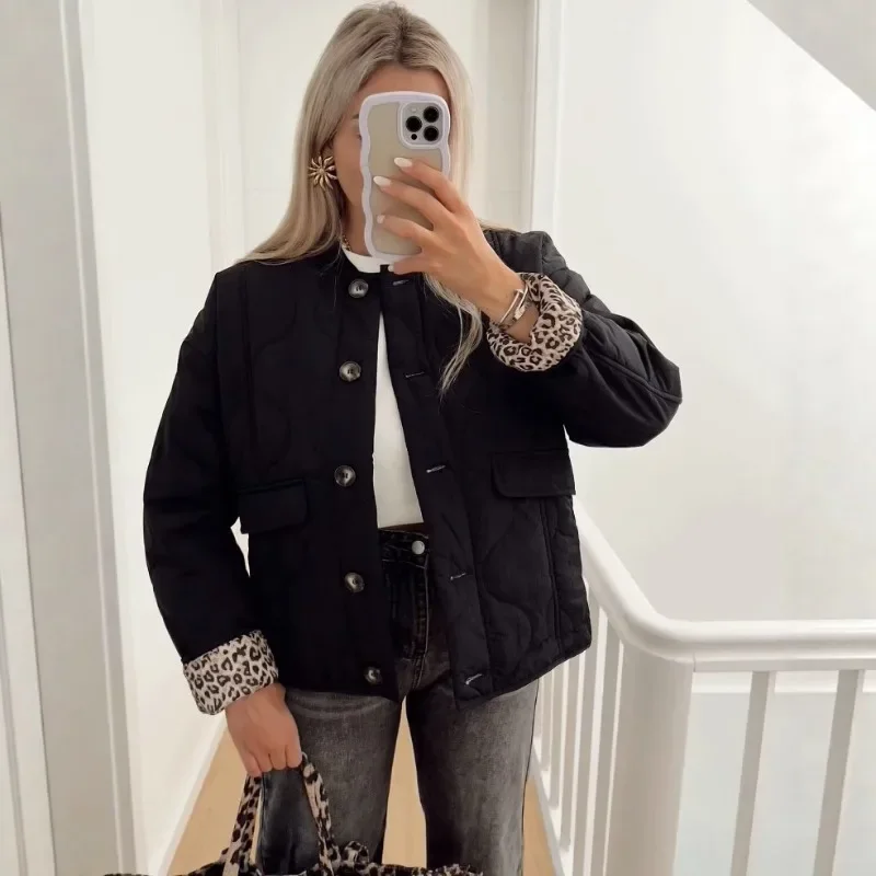 Mode hiver veste femme à manches longues imprimé léopard boutonné manteau rembourré veste matelassée femmes noir Parka vêtements d'extérieur chauds