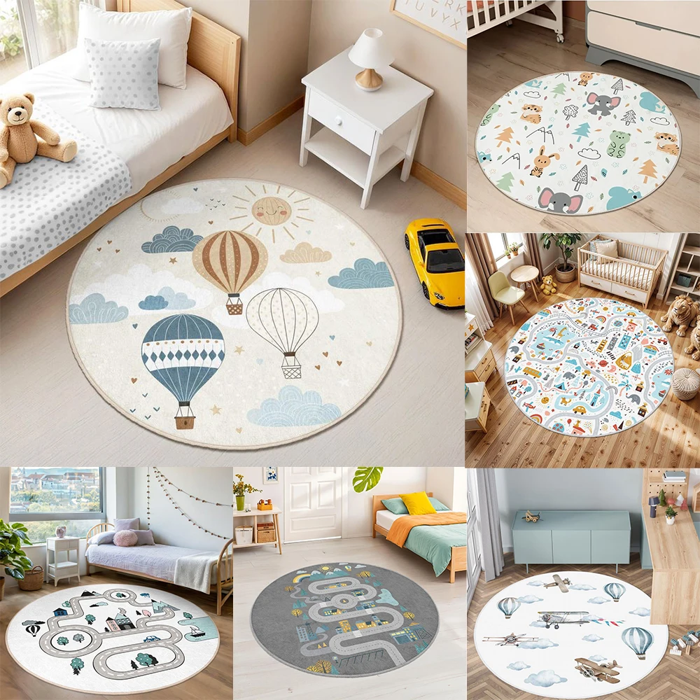 Round Kids Carpet With Cartoon Map Road Track Hot Air Balloon Airplane Car Other Patterns NonSlip Mat For Kids’ Room Home Decor