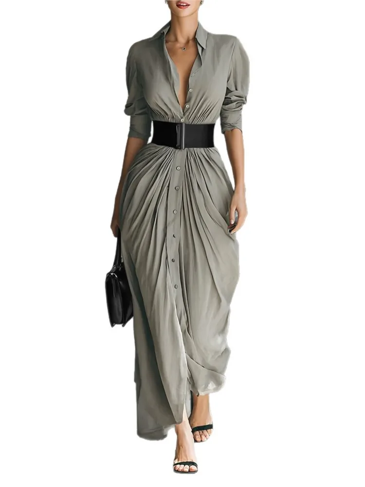 Lente Single Breasted Shirts Jurken Vrouw Revers Elegante Belted Slanke Geplooide Lange Jurk Herfst Lange Mouw Effen Feestjurk