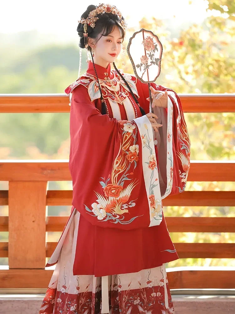 

New Arrival Red Wedding Dress Hanfu Female Phoenix Feather Cloud Shoulder Mare-faced Skirt Set