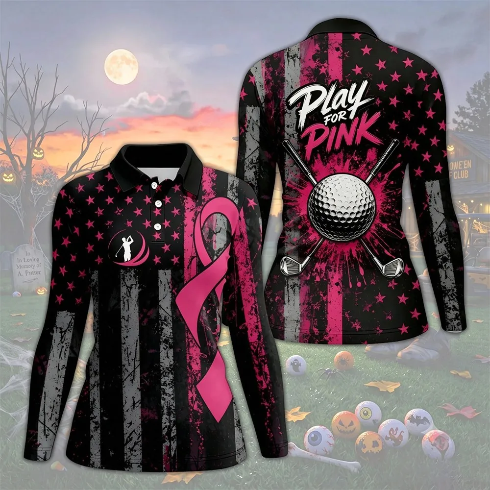 2026 Neues Herbst-Damen-Golfshirt Rosa Bedrucktes Freizeit-T-Shirt Sportbekleidung Modischer Street-Style Outdoor-Trainings-Oberteil – Detail 6