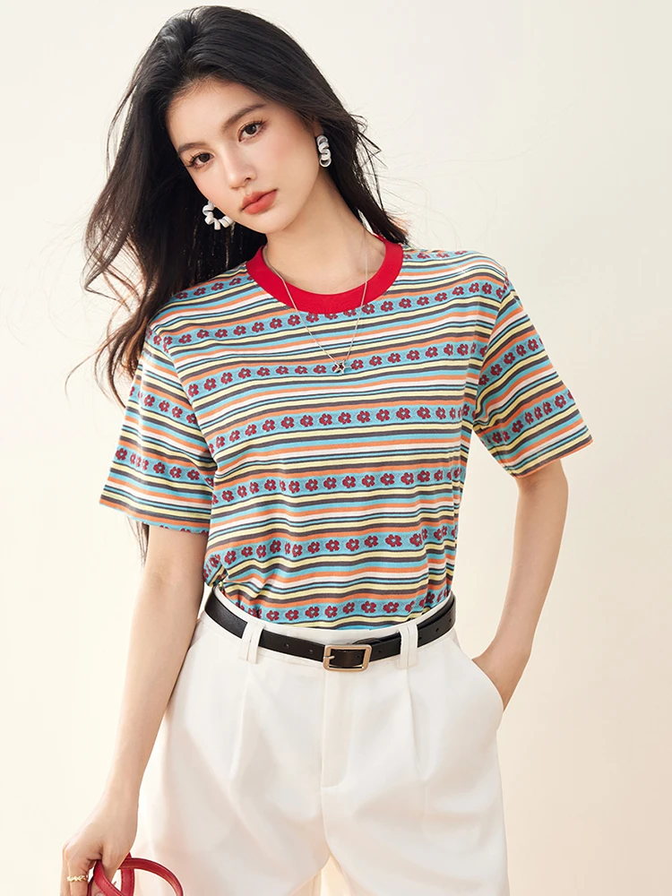 Frauen T-Shirt 2025, Sommer Neue Kontrast Farbe Gestreiften Kurzarm T-shirts Mode Oansatz Top Süße Casual Pullover