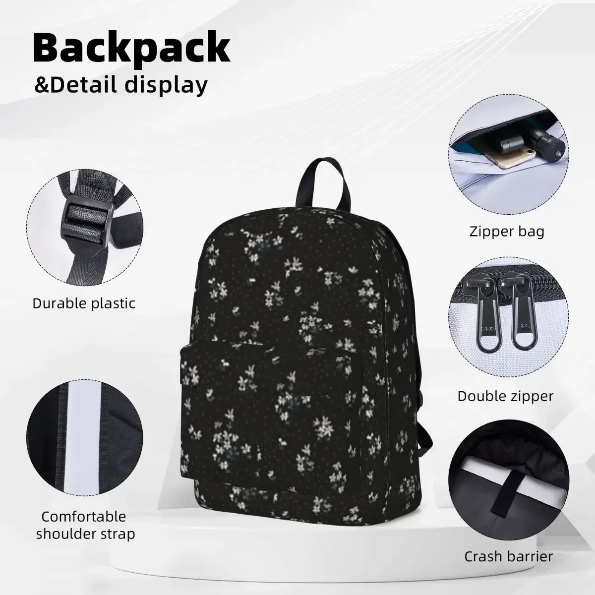 Black Floral Print Woman Backpacks Boys Girls Bookbag Waterproof Students School Bags Portability Travel Rucksack Shoulder Bag