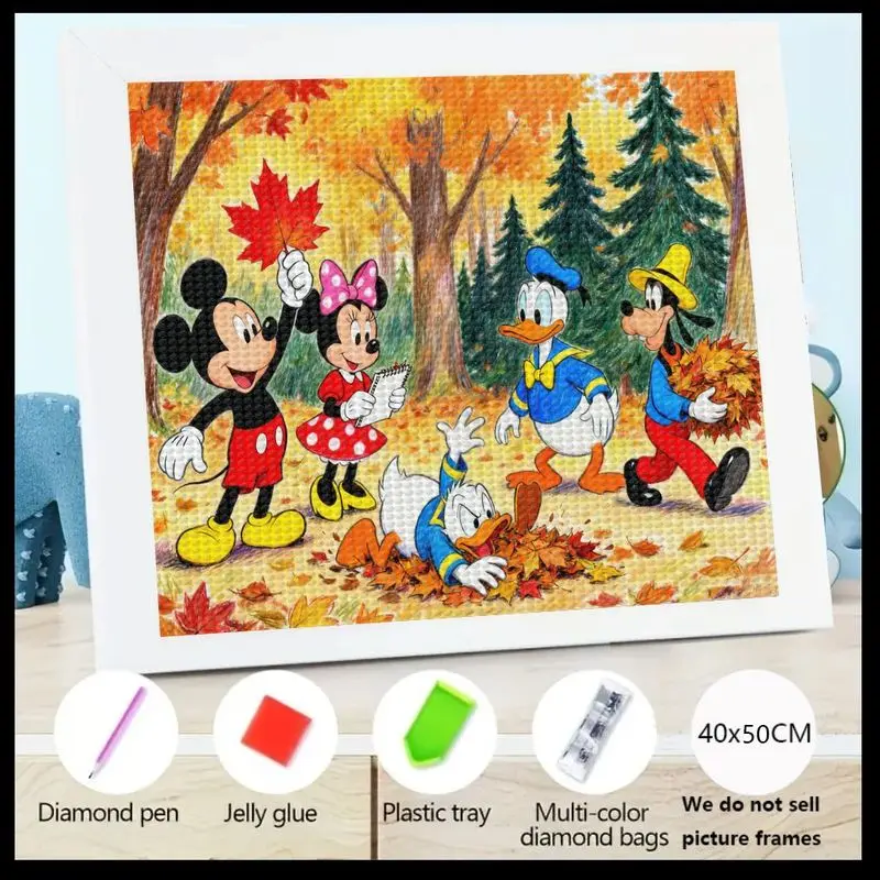 

5D DIY Diamond Painting Kit, Full Drill Disney Mickey Mouse Minnie Donald Duck Goofy Autumn Forest Fun, Vibrant Fall Leaves Cart