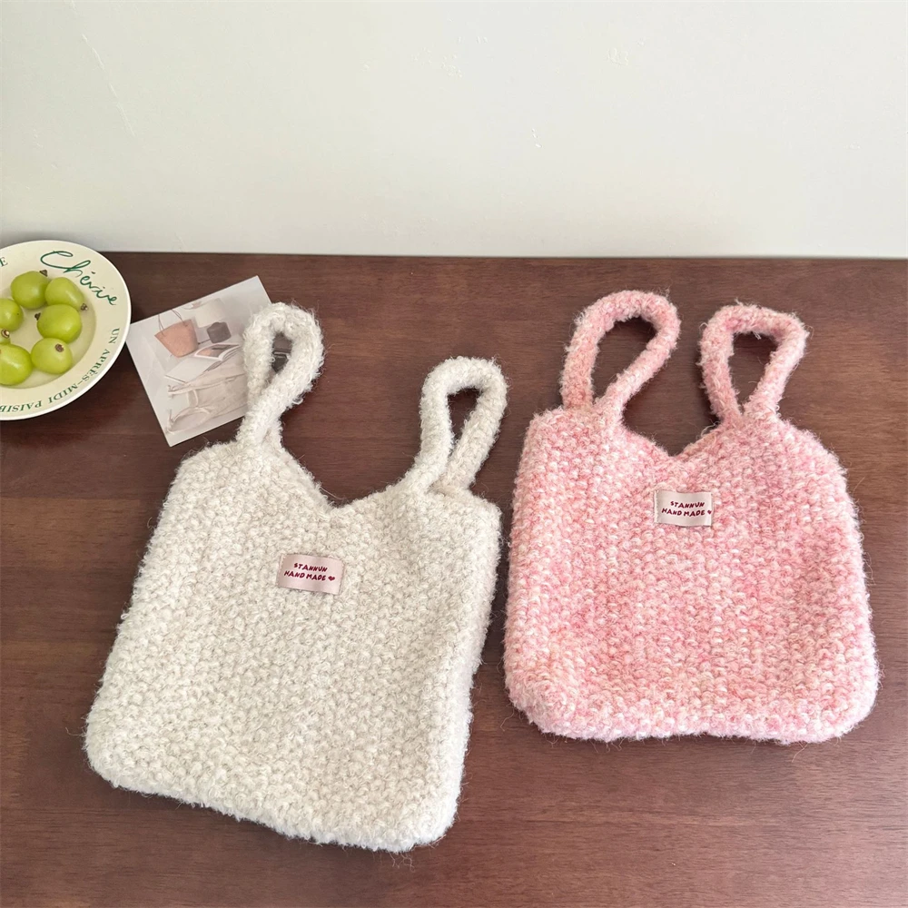 الإناث الشتاء خط مختلط الحياكة حقيبة تسوق سميكة الصوف الموضوع النسيج حقيبة يد المرأة الدوبامين الصدام اللون الكروشيه حمل الحقائب #6