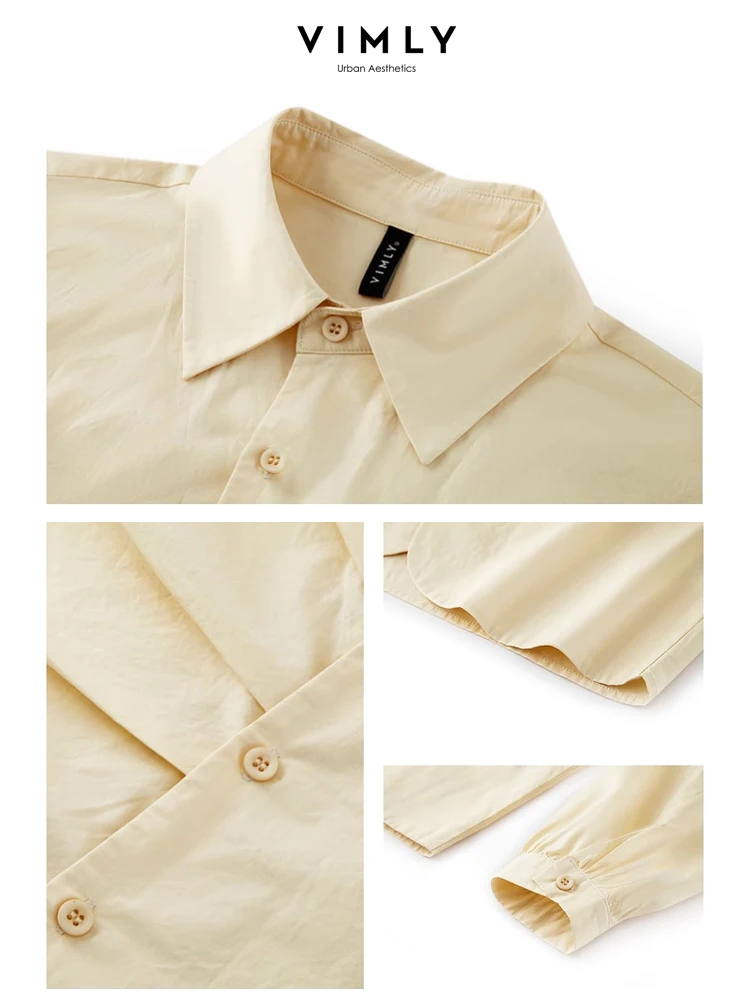 Vimly Cotton 100% Cropped Shirts for Woman 2024 Spring Long Sleeve Tops Women Fold Button Down Casual Shirts & Blouse M5870