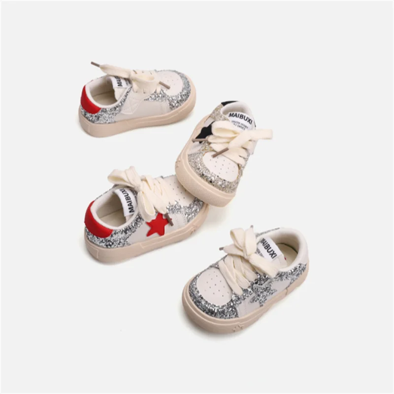 2026 New Autumn Baby Shoes Leather Bling Bling Star Toddler Boys Sneakers Soft Sole Fashion little Kids Girls Shoes EU 16-26