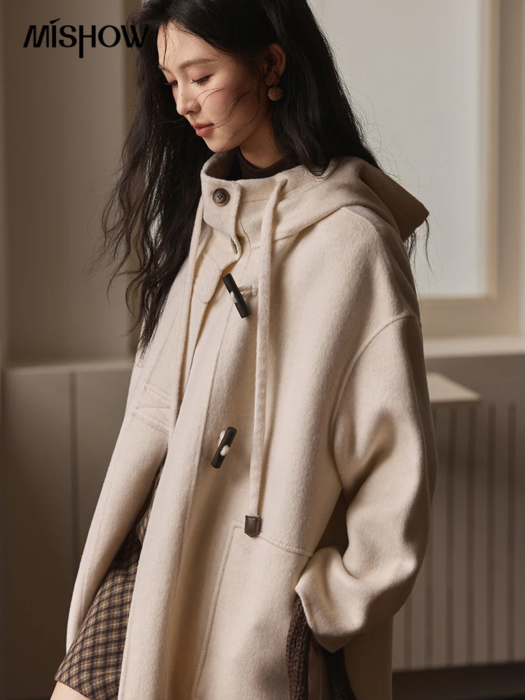 MISHOW Hooded Reversible Tweed Coat Women 2024 Winter Premium Fashion Korean Warm Single Breasted Long Tweed Jacket MXD55W0652