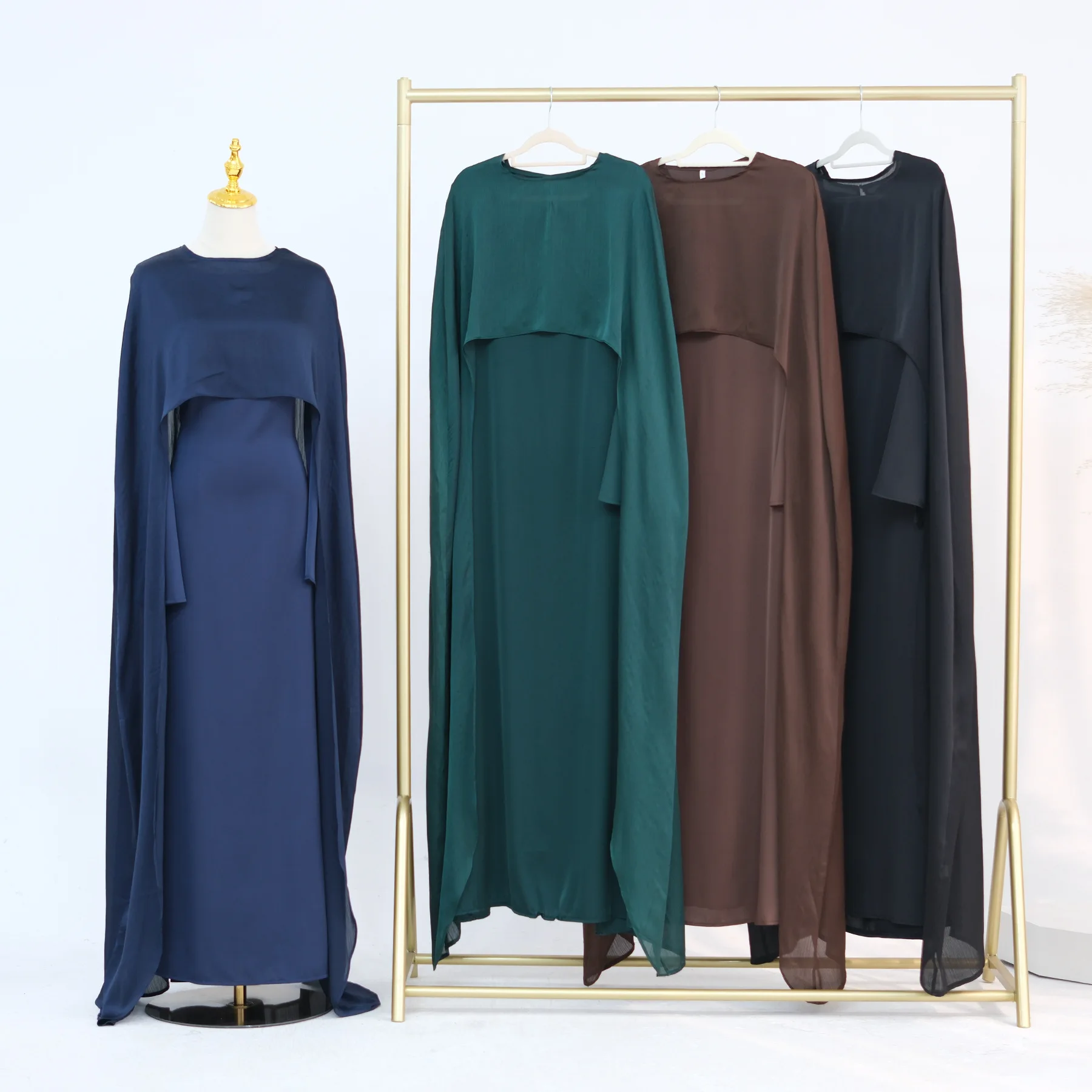 2026 Muslim Women's Solid Color Loose Elegant Simple Basic Daily 2 Piece Sets Long Sleeve O-neck Dresses Open Stitch Cardigans