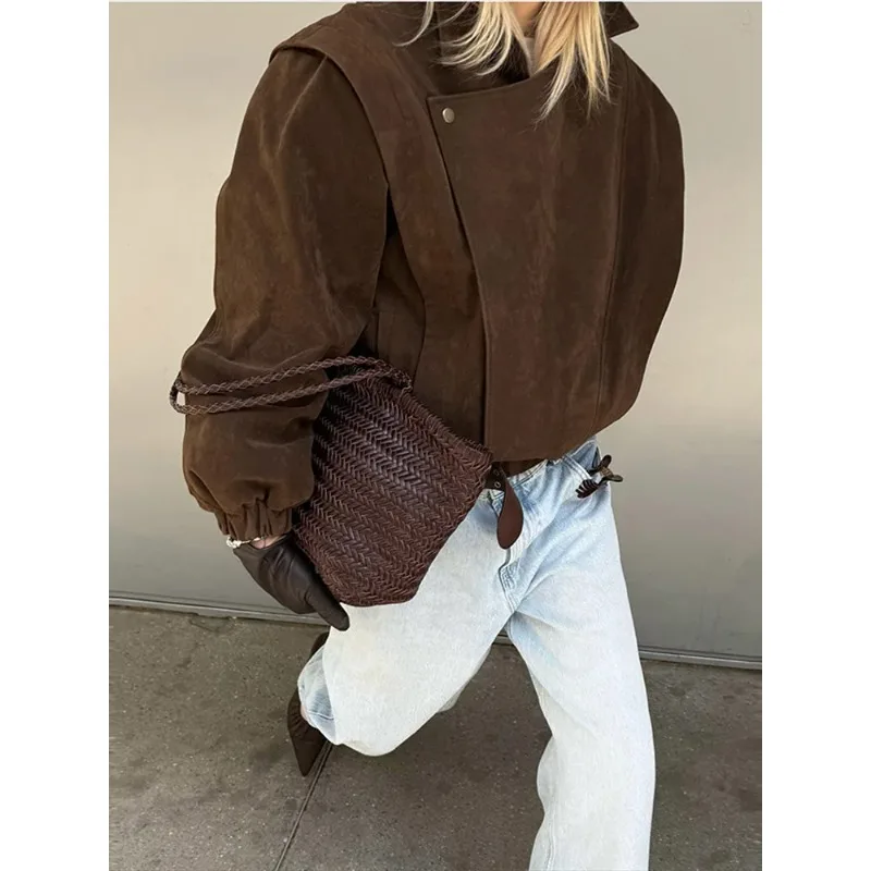 New Early Autumn Cool Girl Outerwear Locomotive Lapel Suede Jacket Women Lantern Long Sleeve Loose Fitting Patchwork Pilot Coats
