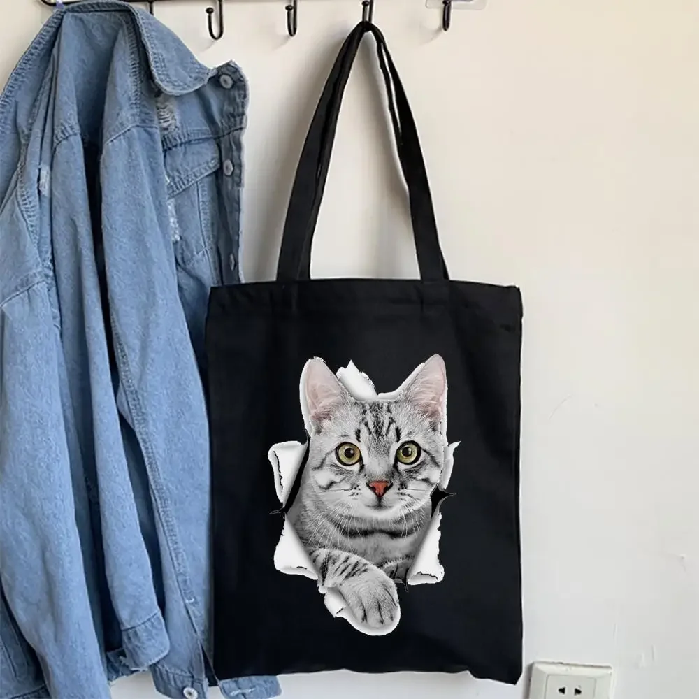 

Cartoon Bulldog Cat Shopping Bag Woman Shopper Folding Canvas Tote Travel Bags Designer Handbags Printed Cloth Shoulder Ladies
