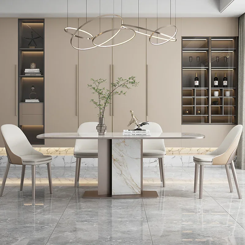 

Light Luxury Glossy Rock Slab Dining Table Home Modern Minimalist Rectangular Creative Dining Table And Chairs Combination