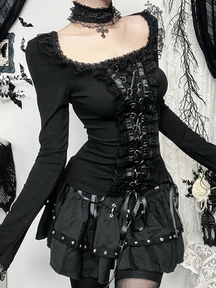 AltGoth Aesthetic Goth T-shirt Women Hotsweet Y2k E-girl 2000s Streetwear Lace Patchwork Square Collar Long Sleeve Crop Tee Tops