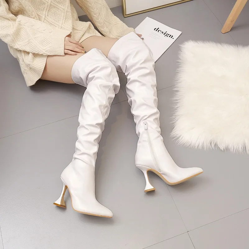

Winter Boots Woman 2025 New Square Heel Pointed Leather Boots White Black Pleated High Heels Knee Boots Side Zipper Women's Shoe