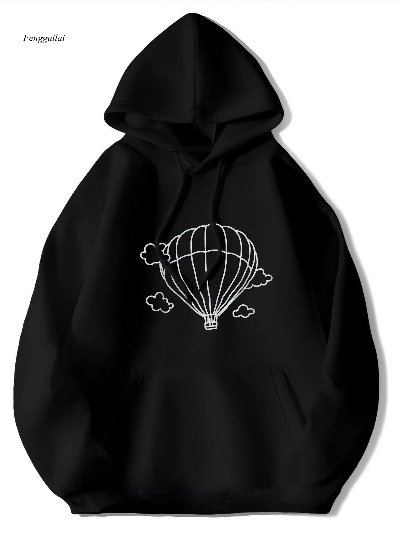 

Black Hoodie with White Hot Air Balloon & Clouds Print - Soft Pullover Sweatshirt, Drawstring Hood & Front Pocket