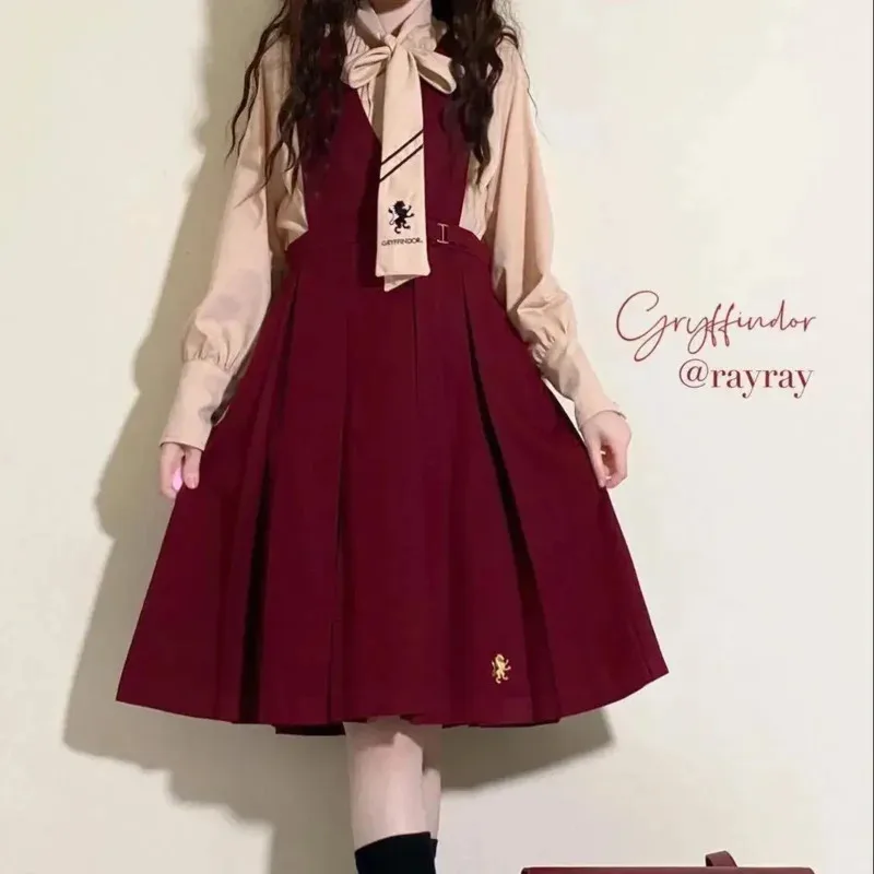 

CyAutumn Suit Female Student Korean Loose Japanese Style Cloak Shawl + Bow Tie Shirt + Strap Dress Three-piece Suit Woman D WU40