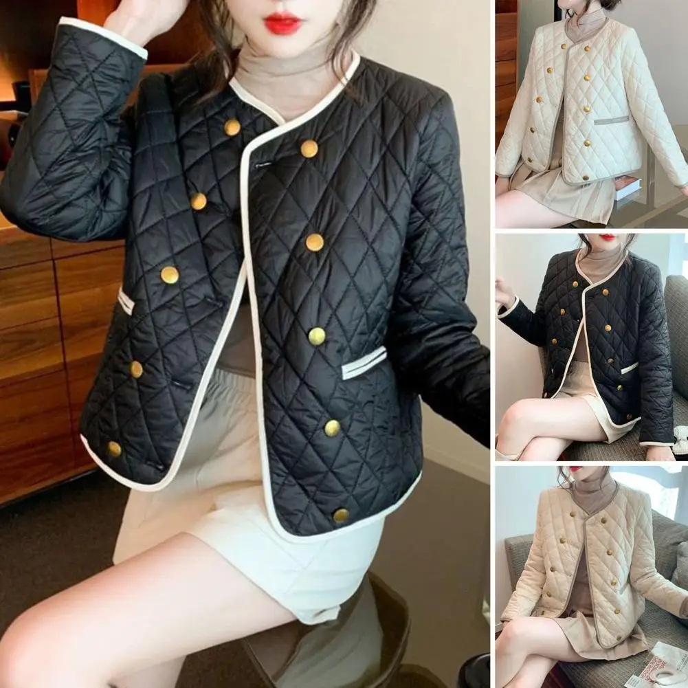 Men Lightweight Jacket Stylish Women's Double-breasted Cardigan Warm Rhombus Pattern Jacket with Pockets Autumn for Ladies