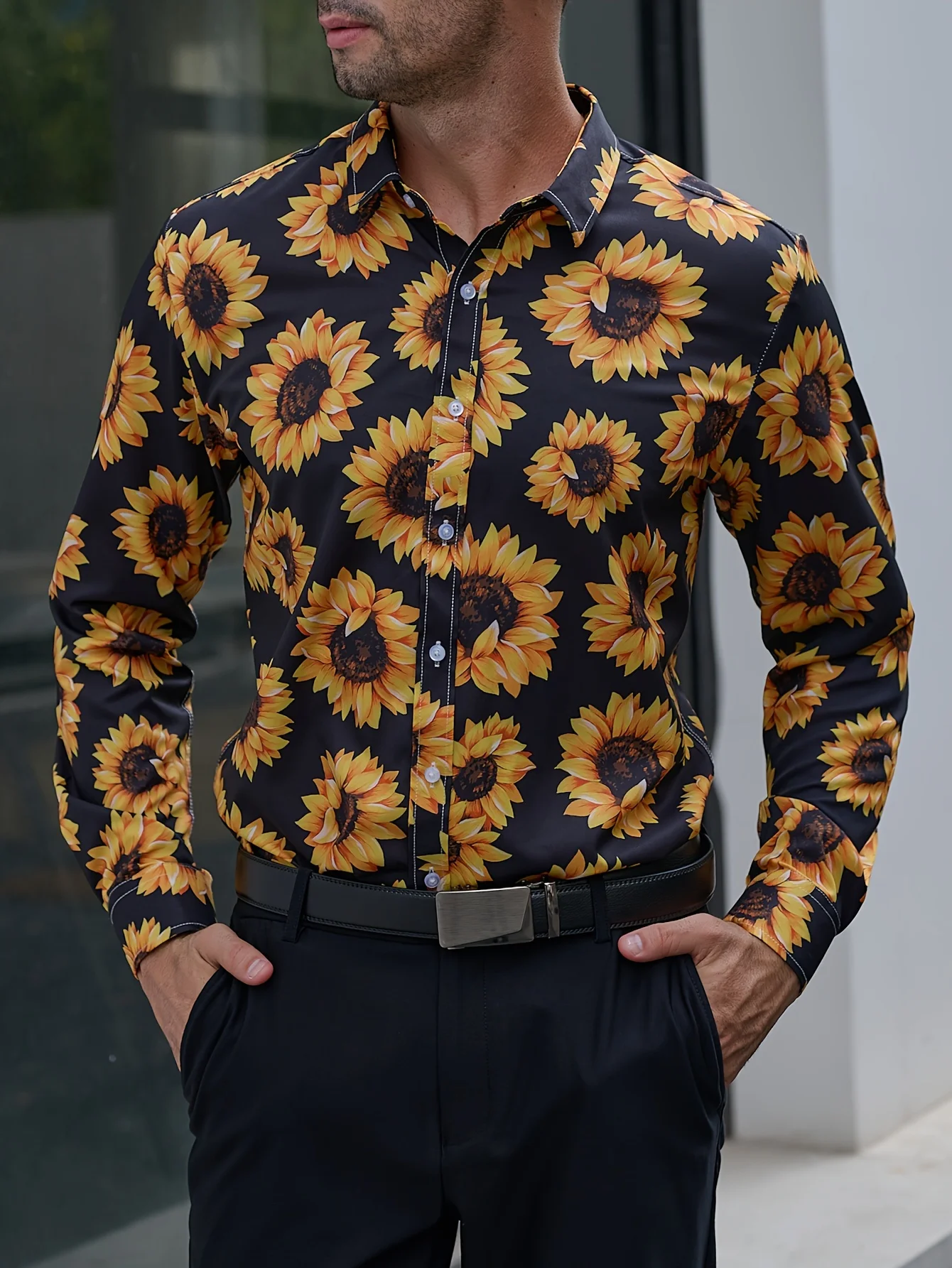 Men Long Sleeve Shirt Sunflower Floral Print Autumn Fashion Casual Holiday Party Daily Wear Button Down Top Mens Clothing