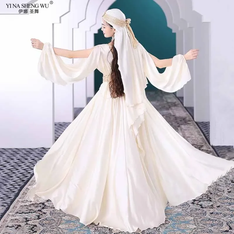 Strój do Tańca Brzucha dla Dorosłych Orientalny Zestaw Taneczny Ludowy Kostium na Występ Szata z Bufiastymi Rękawami Ubranie do Tańca