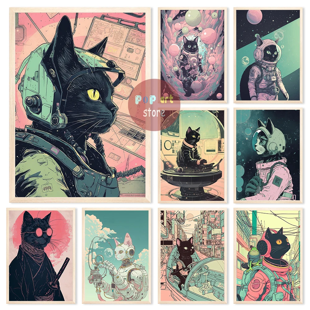 Space Cat Cosmic City Pop Style Illustrated Posters Canvas Printing Black Cat Art Decor Sci-fi Vintage Aesthetic Wall Decoration
