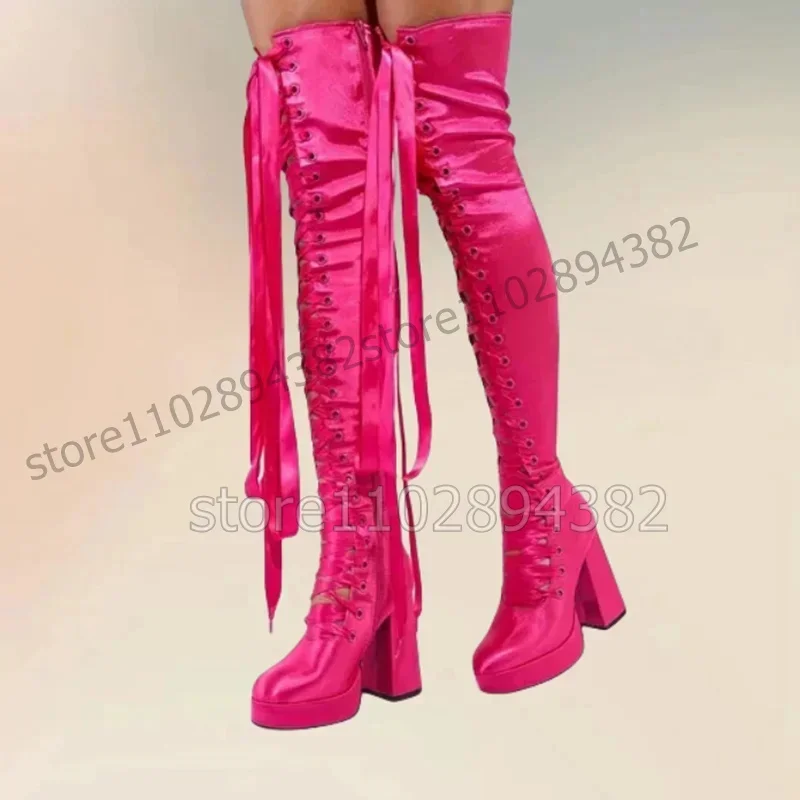 

Rose Red Silk Cross Tied Round Toe Platform Boots Side Zipper Women Shoes Chunky High Heels Party Feast 2024 Zapatos Para Mujere