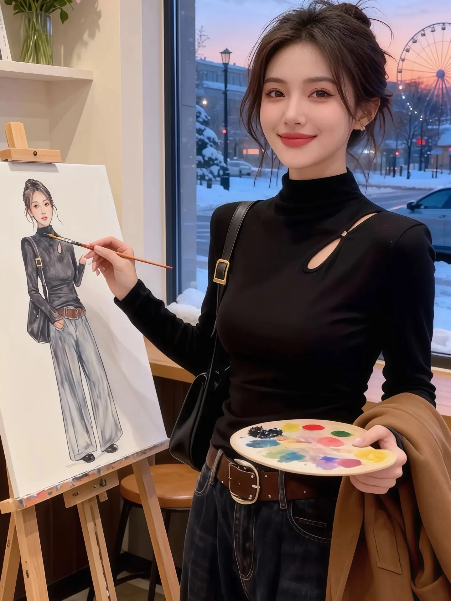 تي شيرت نسائي بقصة ضيقة طويلة Sve ملابس داخلية تصميم مفرغ عائم قاعدة بياقة عالية irt خريف وشتاء فايون