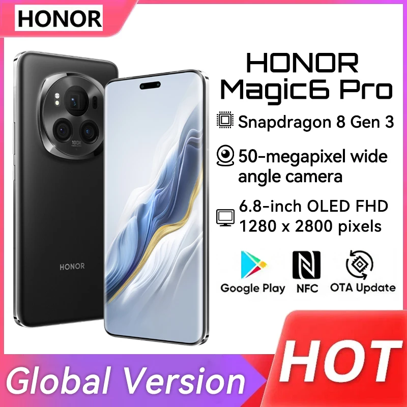 Honor-magic 6 proグローバルバージョンスマートフォン,snapdragon 8 gen 3,180mpカメラ,6.8インチ,クアッドカーブカメラ,フローティングスクリーン,ペリスコープ,NFC