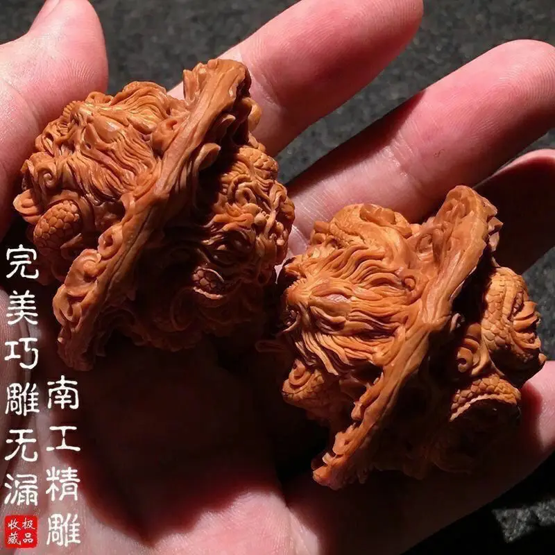 Nine Dragons Play Pearls Pure Natural Walnut Large Size 50mm Lion Head Carving Four Buildings Fine Card Playing Peach Kernel