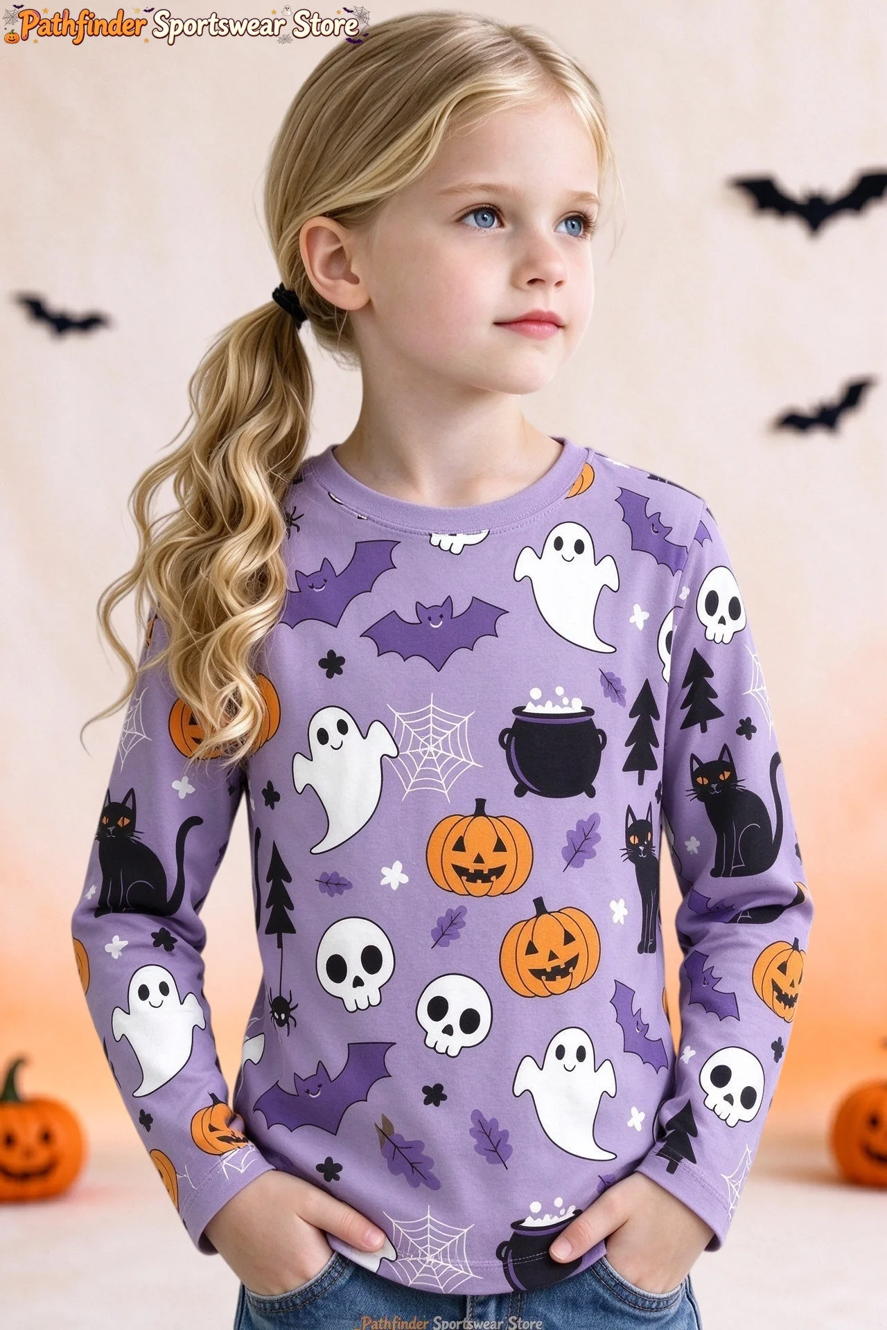 Girls Halloween Long Sleeve Tee Cute Pink Witch Ghost Pumpkin Skull Graphic Crew Neck Sport Top Kids Party Autumn Casual T-Shirt view 3