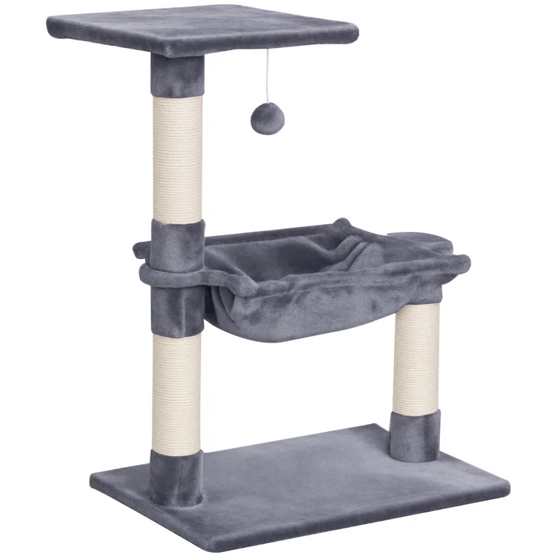Tiragraffi pour chats multi-niveaux avec hamac et balle, en bois et peluche, 50x36x70cm, Gris