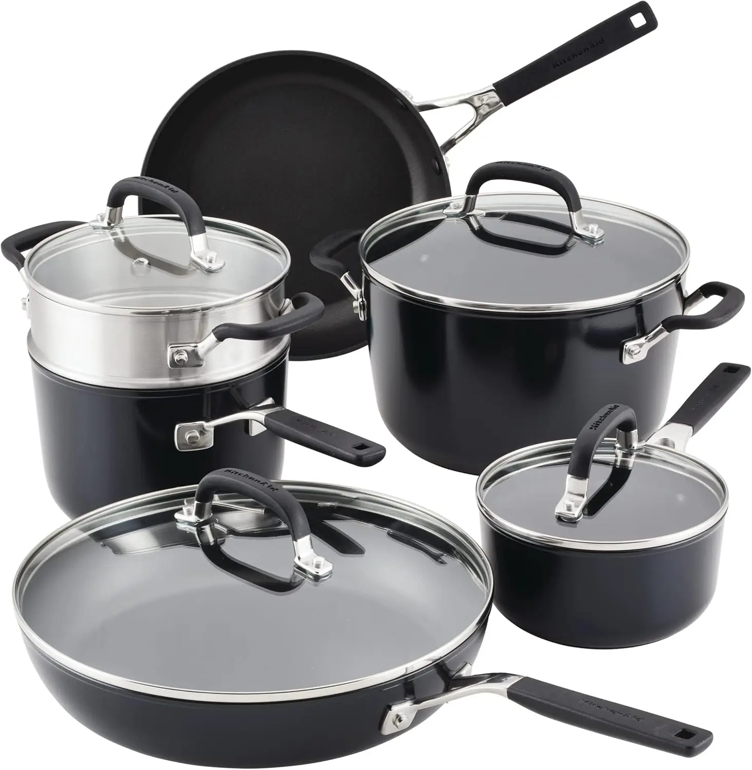 

10-Piece Hard Anodized Nonstick Cookware Set, Matte Black - Quick Heating & Easy Clean