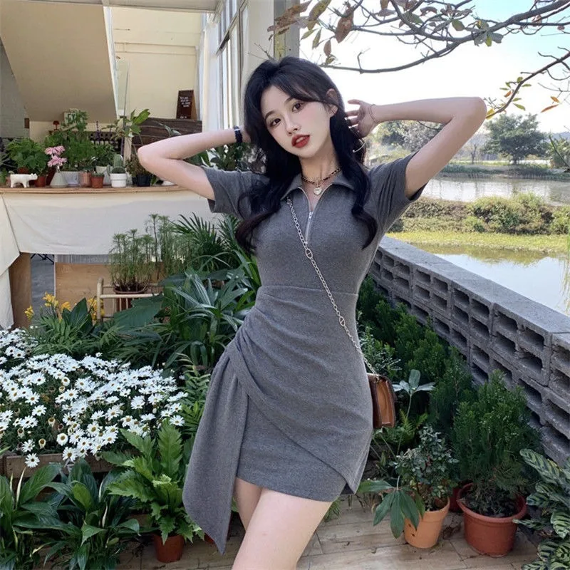Baddie Style Polo Collar Asymmetric Mini Dress Summer Fall Figure-Flattering A-Line Short Dress Polo Collar Trendy Bodycon Dress