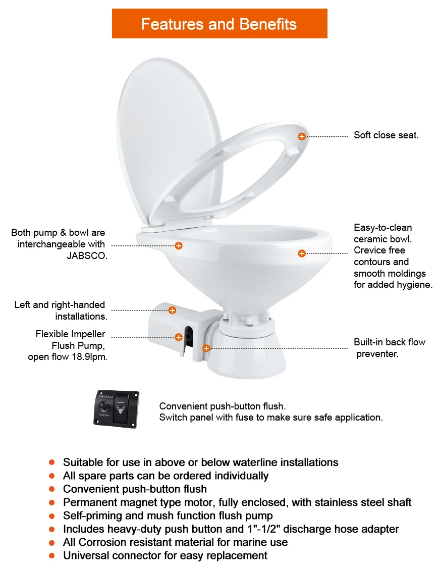 Regular And Compact Size Chemical Outdoor Toilet Plastic Soft Close Seat Electric Marine Toilet For BoatATV&UTV