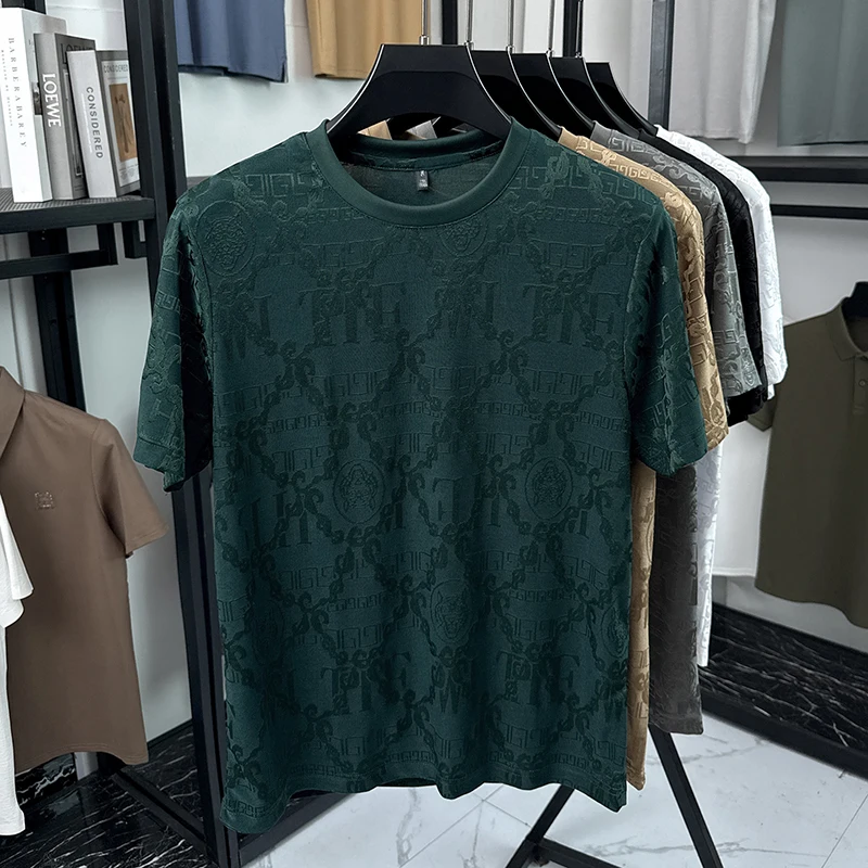 Herren Kurzarm-T-Shirts mit diskretem Jacquardmuster, Rundhalsausschnitt, lockerer Passform, knitterarm, leicht, modische Oberteile für Männer – Detail 8