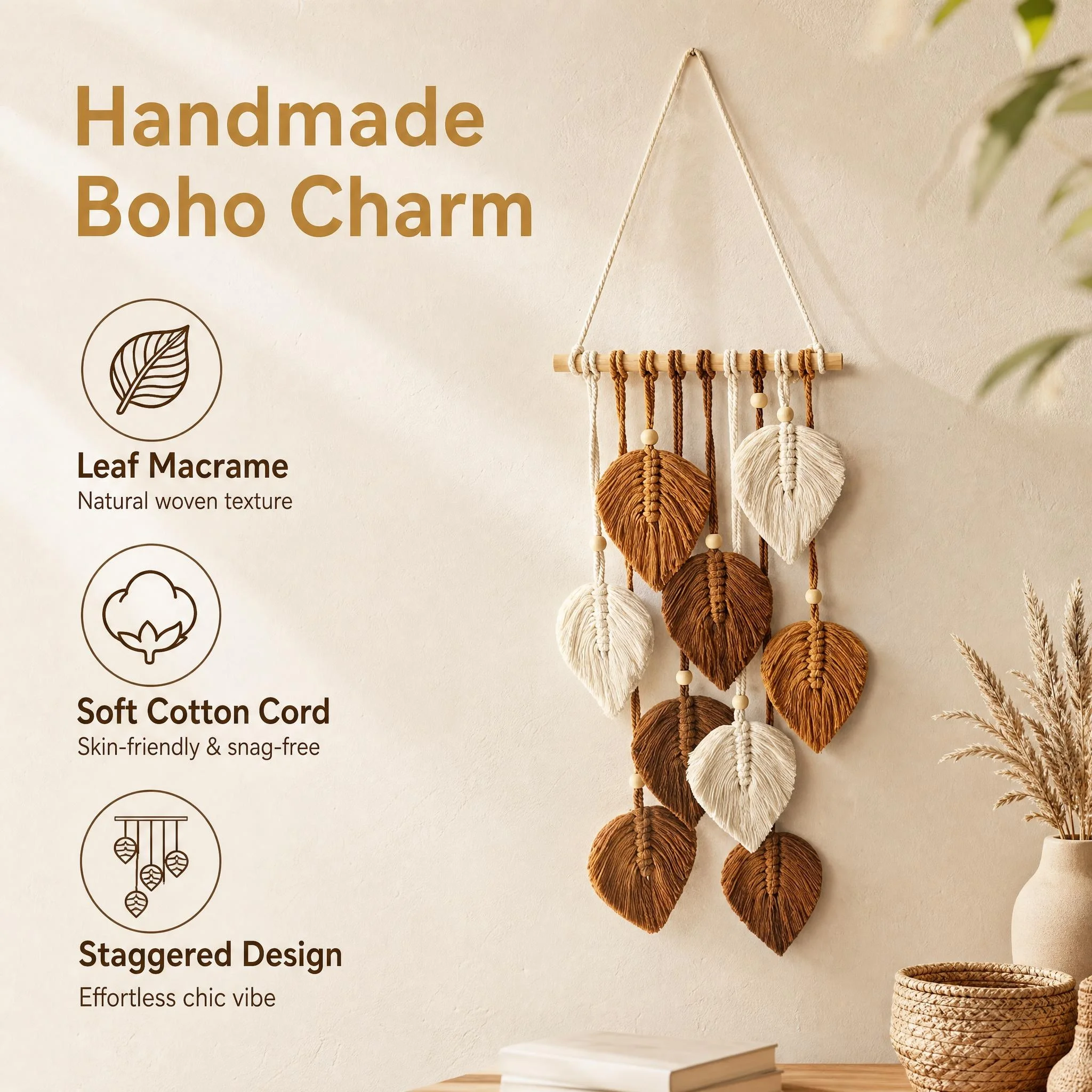 Handwoven cotton leaf wall hanging in a Bohemian style, adding a warm and natural vibe to plain walls