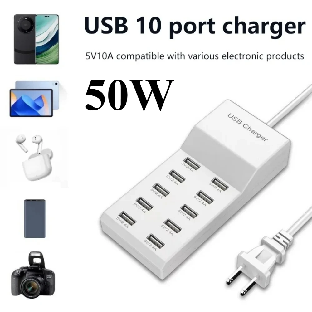 USB Charger 10-Ports Fast Charging Station for Multi Devices 50W Type C Hub Adapter for iPhone 15 Pro Xiaomi 16 Extension Socket