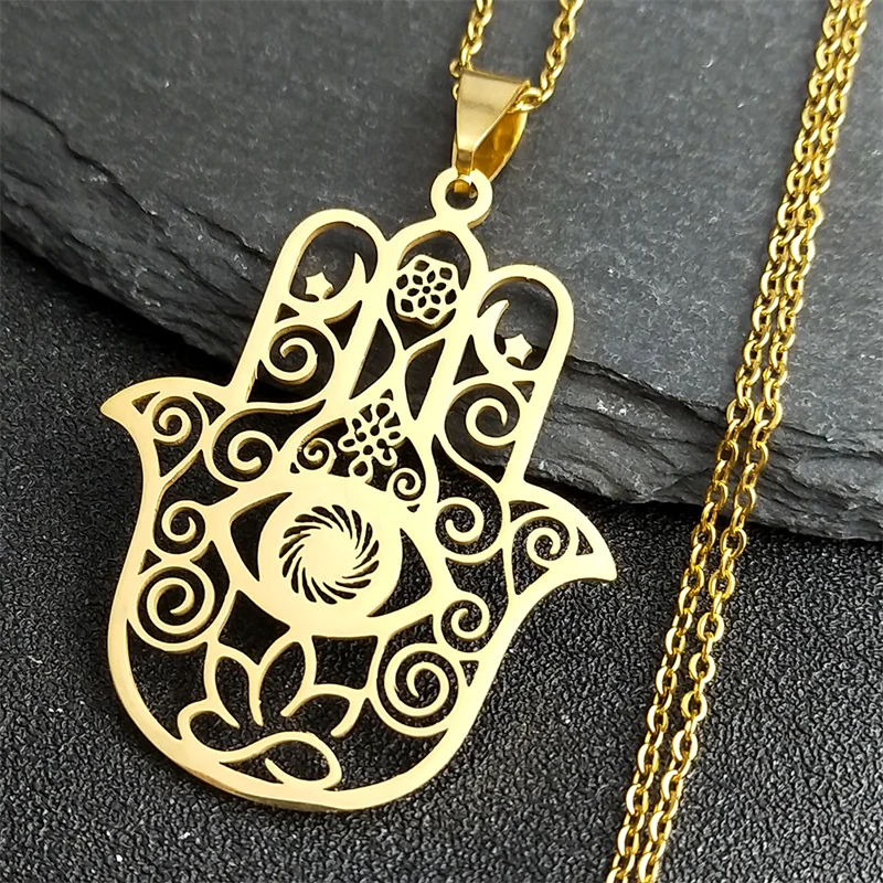 Hamsa Hand Muslims Judaism Hollow Necklace for Women Hand of Fatima Lotus Flower Stainless Steel Necklaces Jewelry Gift N8083S04