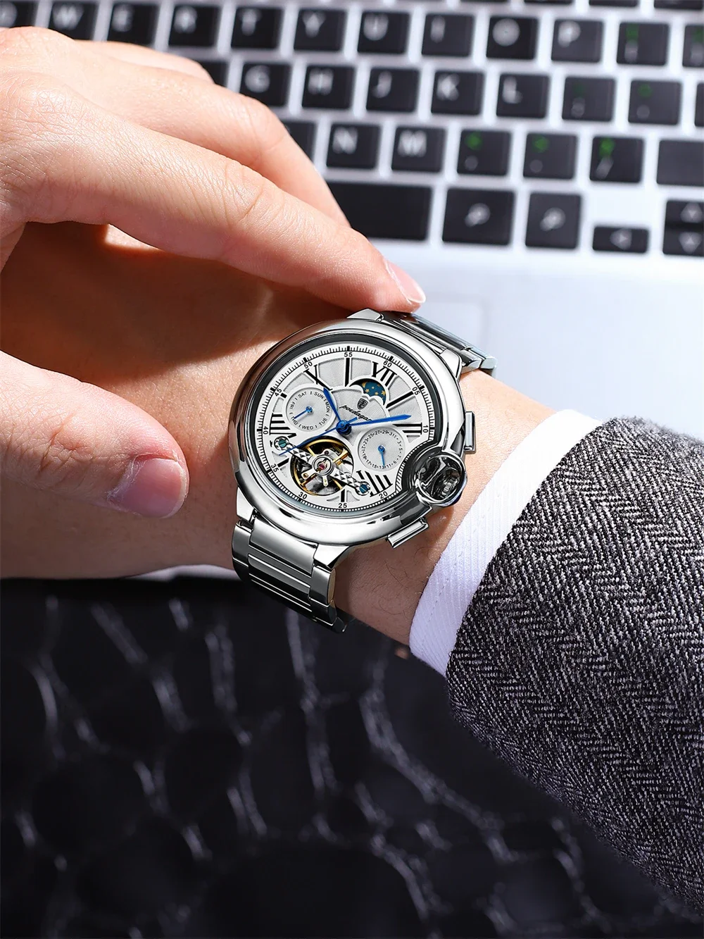 POEDAGAR ساعة رجالية فاخرة مجوفة توربيون أوتوماتيكية ميكانيكية للرجال مقاومة للماء للتاريخ والأسبوع ساعات رجالية من الفولاذ المقاوم للصدأ