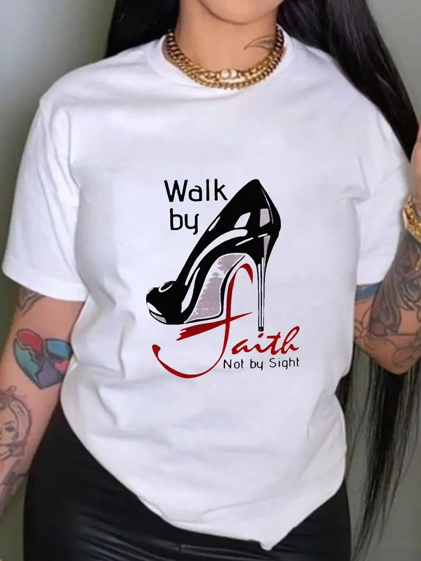 Women T-Shirt Walk By Faith High-Heeled Shoes Crewneck Tops Printing Short Sleeve Summer Casual Breathable Tees Clothing Loose