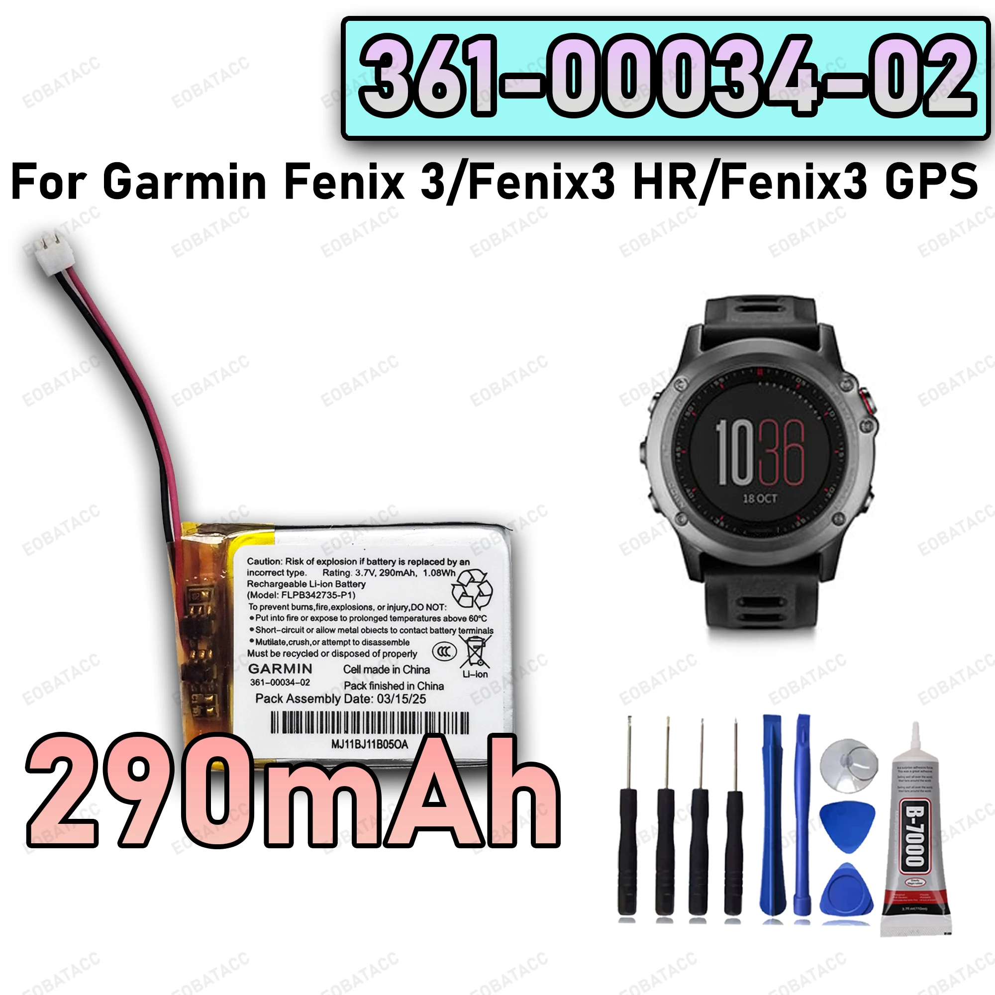 

100% New Zero Cycle 361-00034-02 Battery For Garmin Fenix 3/Fenix 3 HR/Fenix 3 GPS Watch 290mAh Bateria +Free Tools