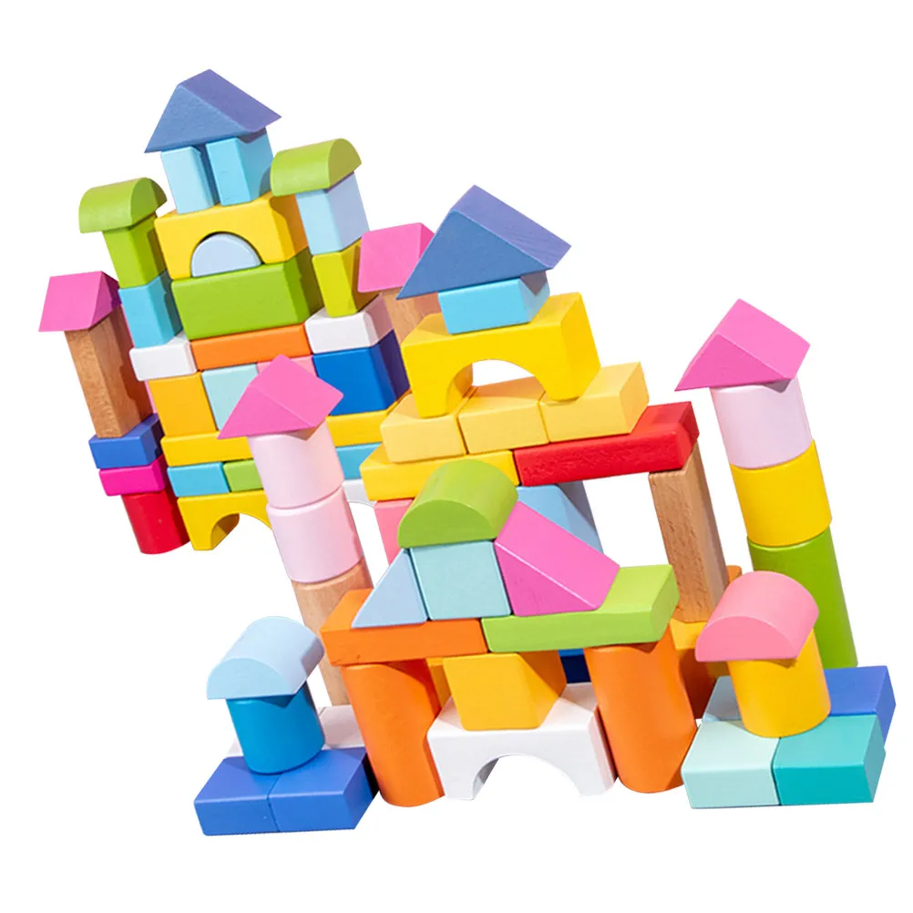

100Pcs Kids Wooden Geometric Blocks Set Safe Natural Material Bright Colors Develop Spatial Cognition Motor Skills